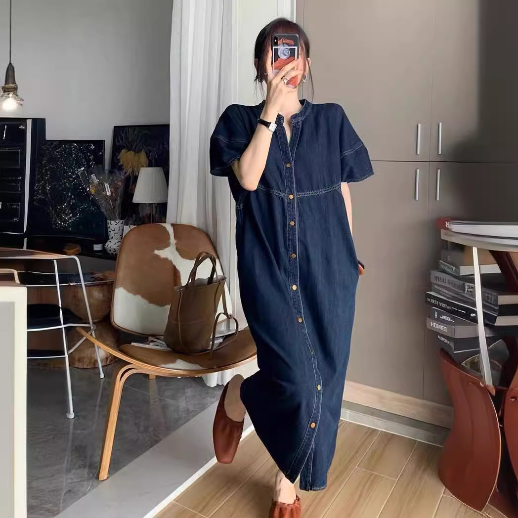 V Vintage Fashion - فستان جينز فضفاض جديد بتصميم فرنسي