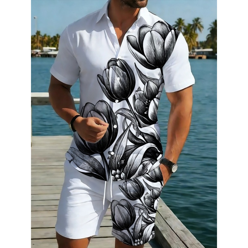 طقم قميص وشورت رجالي أبيض مطبو - مراجعة Printed Floral Shirt وسعره