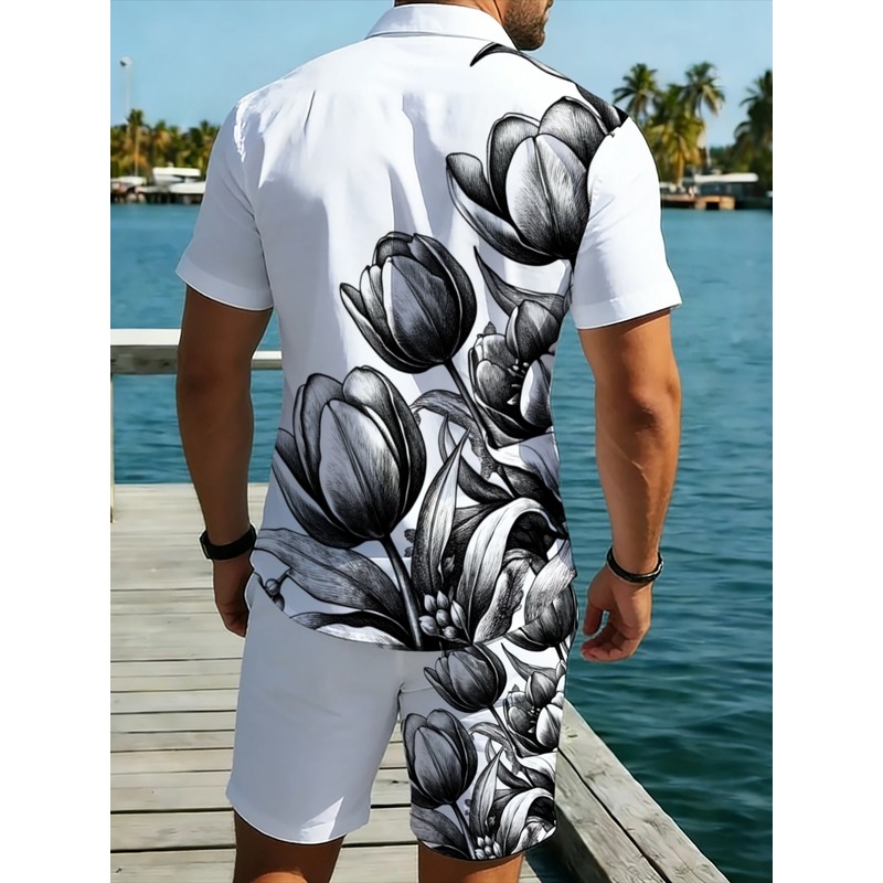 طقم قميص وشورت رجالي أبيض مطبو - مراجعة Printed Floral Shirt وسعره